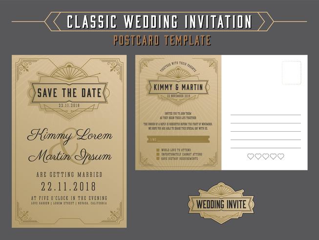 Vintage elegant wedding invitation template and rsvp postcard st vector