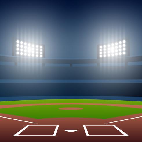 Campo de béisbol de la noche con la ilustración brillante del vector del estadio