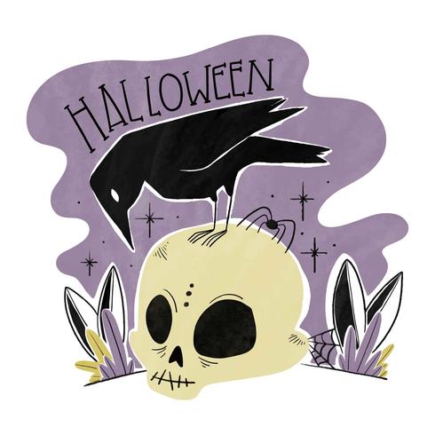 Spooky Skull With Black Bird  vector