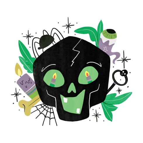 Spooky Black Skull con elementos de Halloween vector