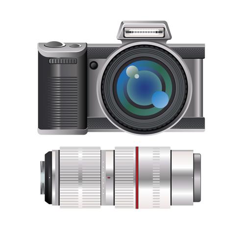 Modern Mirrorless Digital SLR Camera with Accessories vector