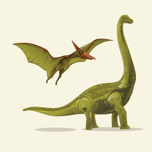 Dinosaurios realistas Brontosaurio y pterodáctilo vector