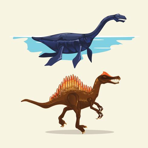 Colored illustrations of different dinosaurs types. Plesiosaurus and Spinosaurus vector