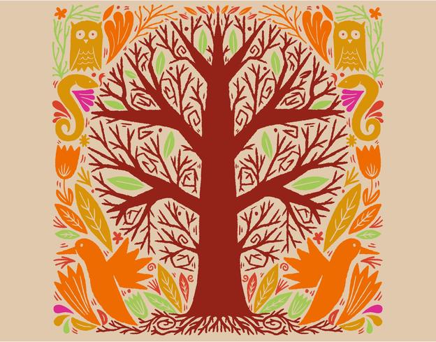 tree birds and animals vector
