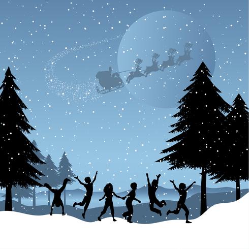 Children playing with santa in the sky vector