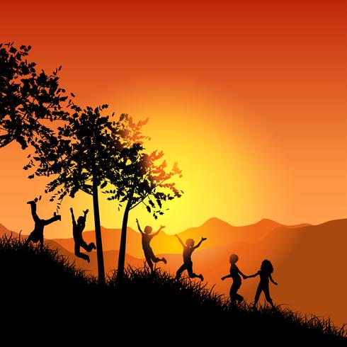 Children running up a grassy hill vector