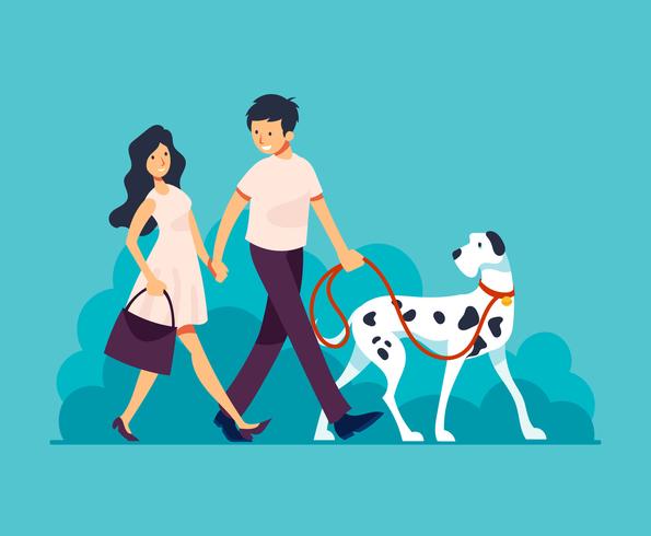 Pareja caminando perro ilustración vector