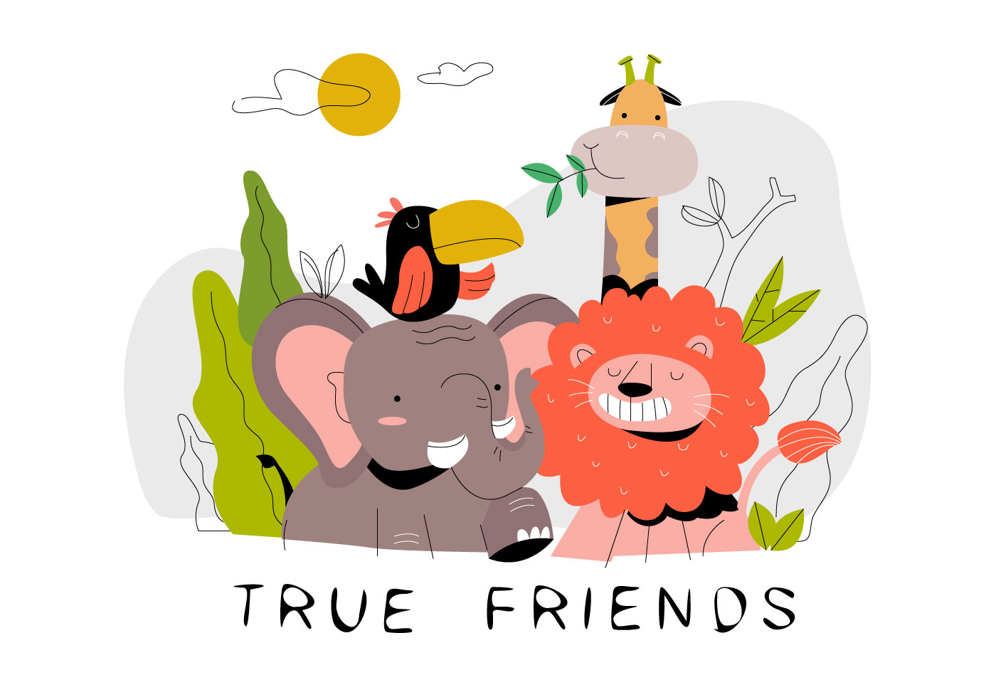 Funny Cute Cartoon Animal Friends In Jungle Vector Flat ...