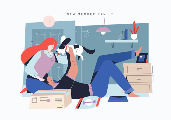 Amante de los animales Adobting Cute Dog como nuevo miembro Familia Vector Flat Illustration