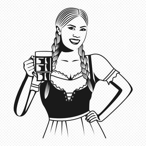 Barmaid alemán en Dirndl Pop Art Vector Illustration