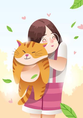 Girl And Her Cat vector