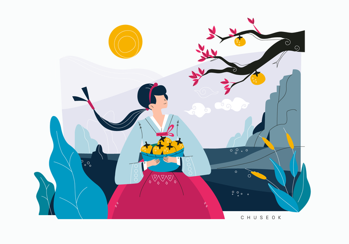 Cute Girl Celebrating Korean Harvest Festival Vector ilustración de fondo plano