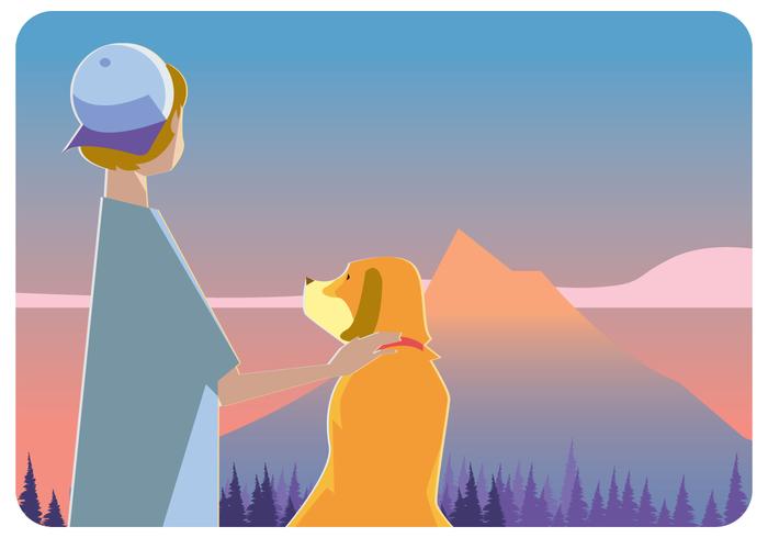 Boy With His Dog in The Mountain Vector