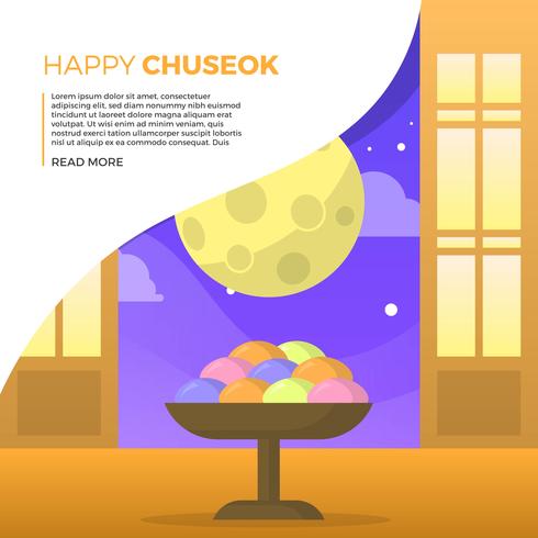 Flat Chuseok Autumn Festival with Full Moon Background Vector Illustration