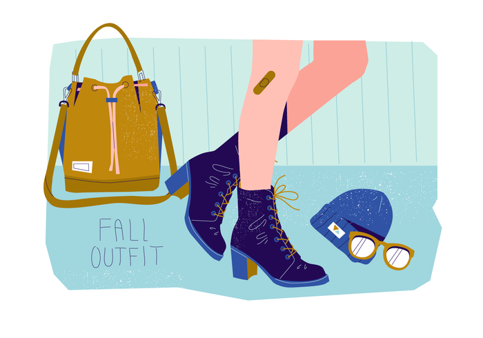 Stylish Fall Boots On Fall Outfit Collection Vector Flat Background Illustration