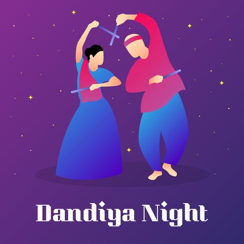 Pareja, juego, Dandiya, en, disco, Garba, noche, cartel, ilustración vector