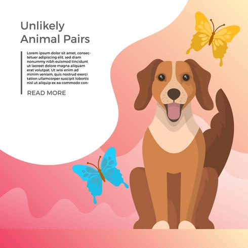 Flat Unlikely Animal pairs Perro y mariposa Vector Illustration