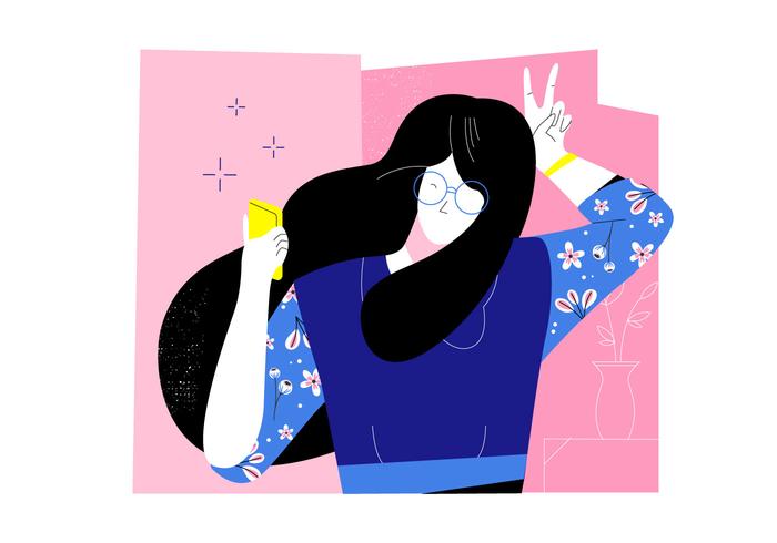 Muchacha divertida con el pelo ondulado y gafas tomando Selfi Vector Flat Illustration