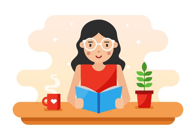 Girl With Wavy Hair and Glasses Reading a Book Vector