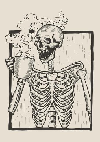 Skeleton Linocut Drink Coffee vector