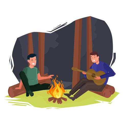Music Around Campfire Vector Illustration
