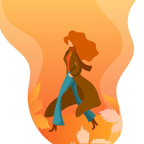 Flat Girl In Fall Season Character Vector Illustration