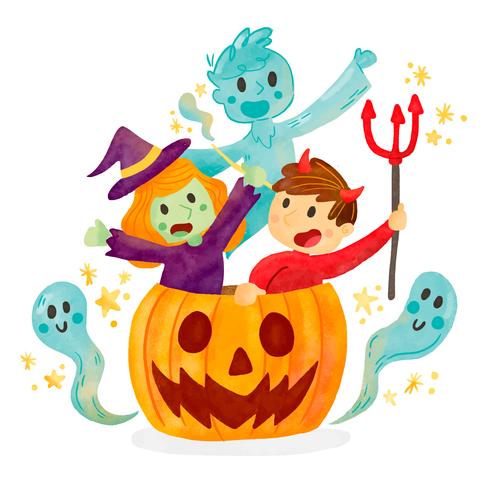 Niños lindos con traje de Halloween dentro de calabaza vector