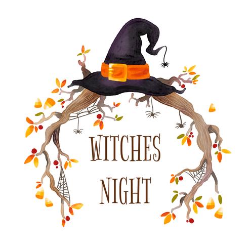 Watercolor Halloween Frame With Branches, Witch Hat And Cobweb vector