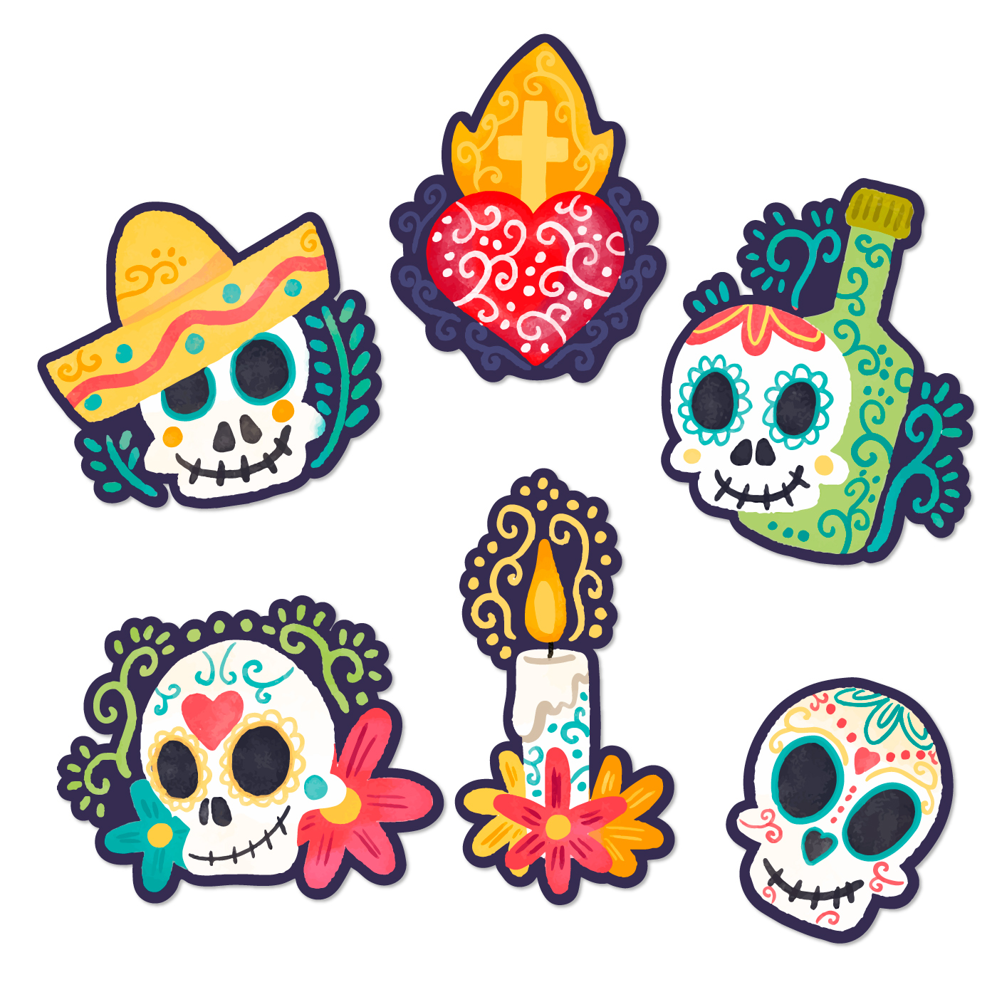 Cute Day Of Dead Stickersm With Sugar Skull 242529 Vector Art At Vecteezy