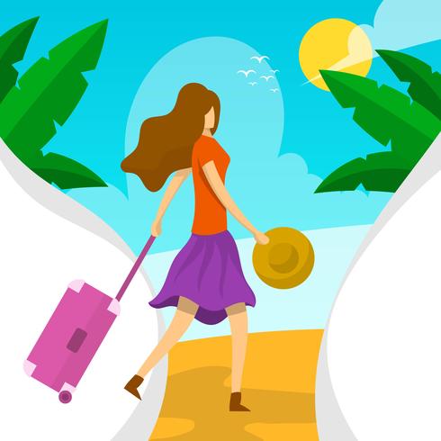 Flat Woman With Suitcase in Beach Vector Illustration