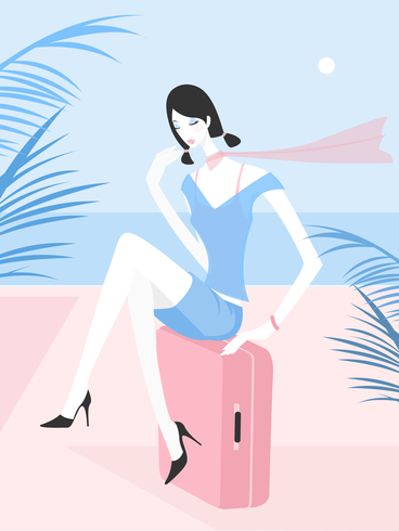 Woman With Suitcase On The Beach Vector Illustration