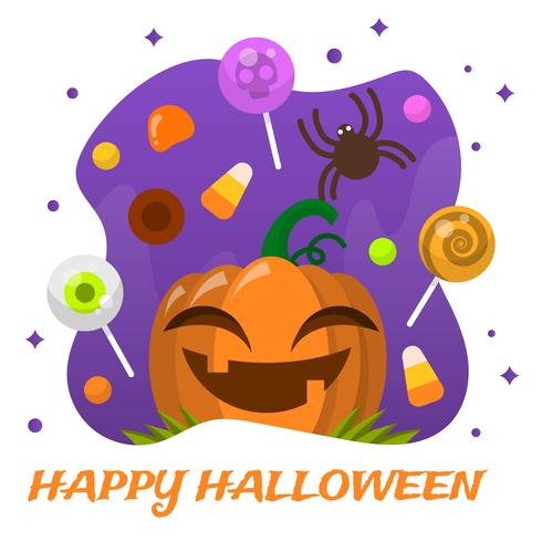 Caramelo plano de Halloween con la ilustración del vector de la calabaza de la sonrisa