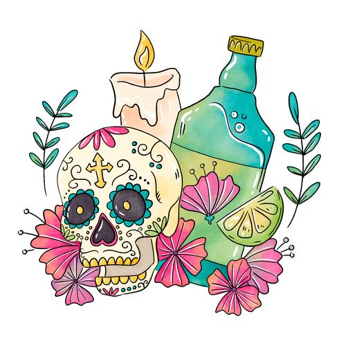 Sugar Skull With Candle And Tequila vector