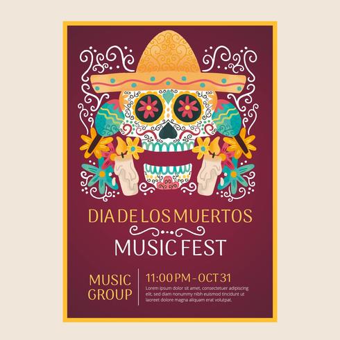 Watercolor Flyer Day Of Dead With Mexican Skull vector