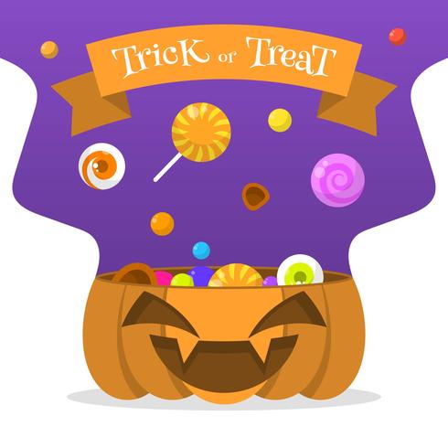 Flat Halloween Candy In Pumpkin Bucket Vector Illustration