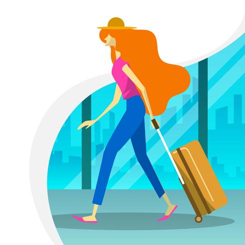 Mujer plana con maleta a pie en la ilustración de Vector de sala de embarque de aeropuerto