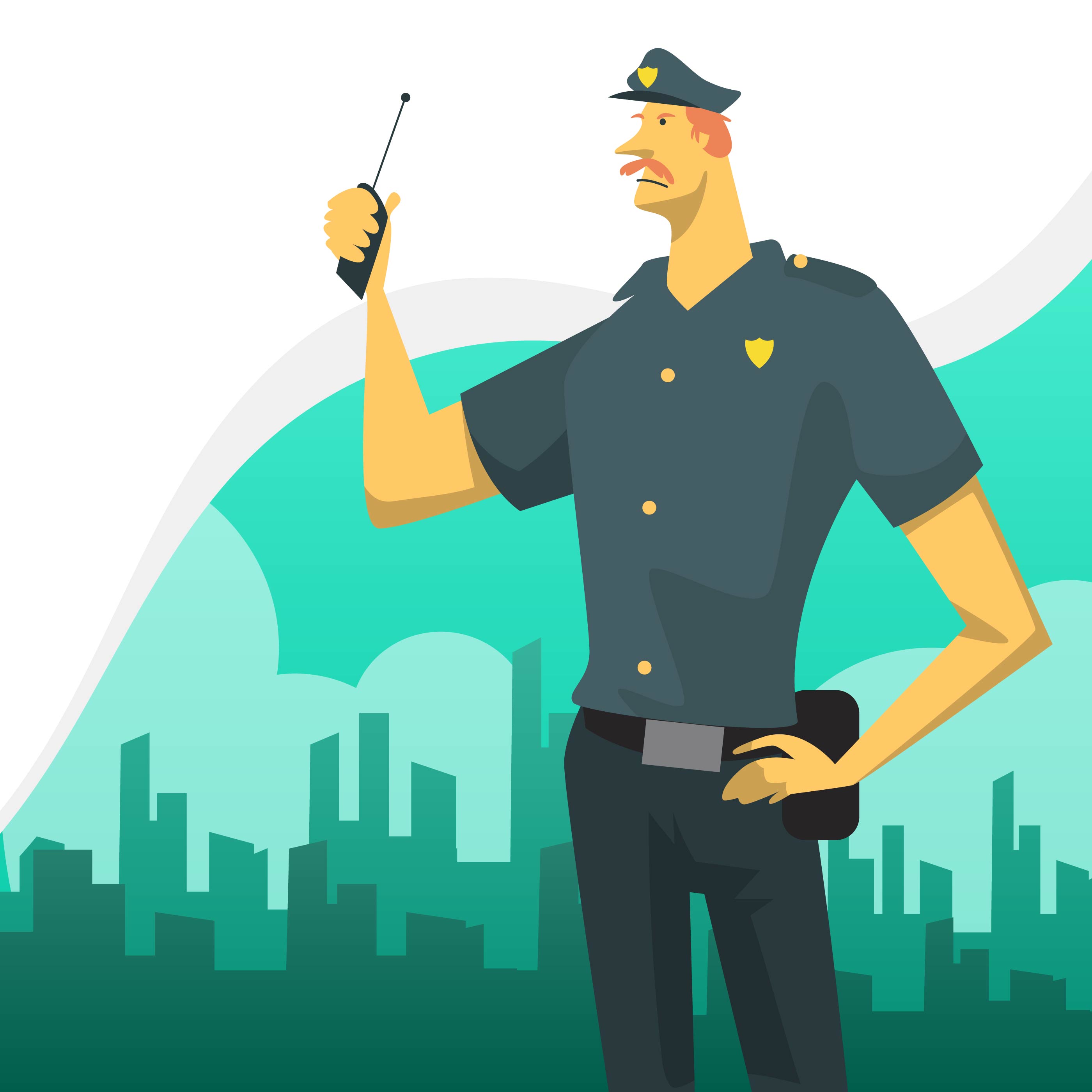 Flat Police Officer Character with City Skyline Background Vector