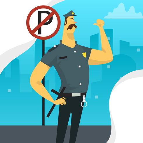 Flat Police Officer Character with Parking Sign Vector Illustration