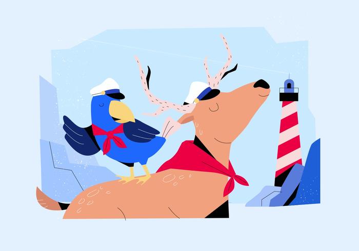 Lindo par de animales poco probable usar Sailor Cap Vector Flat ilustración