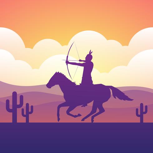 Caballo de montar indio americano nacional con la ilustración plana lanza en la mano vector