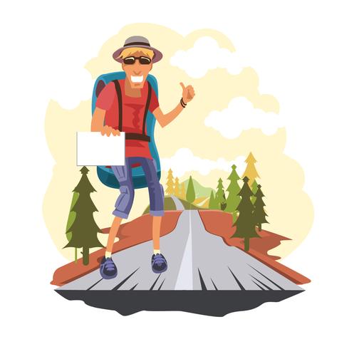 Man Hitch Hikers Characters with Backpack Trying Stop Car Highway Road vector