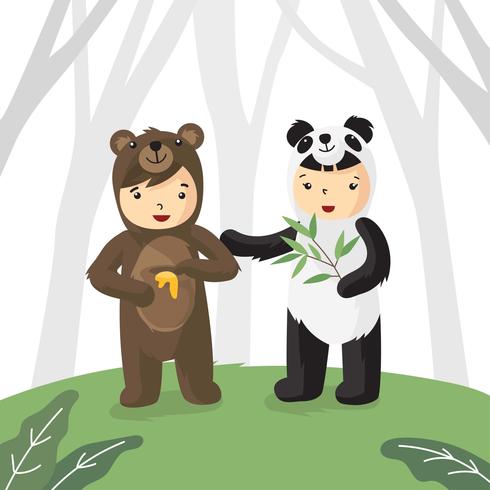 Kids In Bear Costume Vector