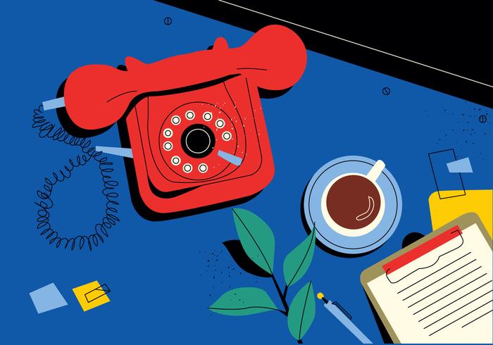 Red Vintage Rotary Telephone On Desk Vector Flat Illustration