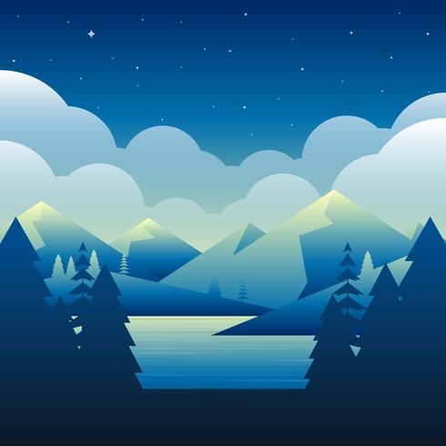 Night Over Mountain Beside The Lake Nature Enviroment Vector Illustration