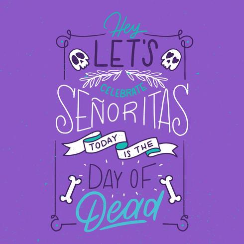 Letras de mano púrpura lindo sobre el día de muertos vector