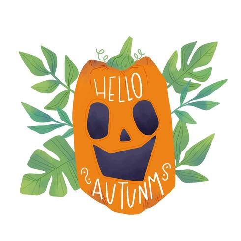 Acuarela calabaza sonriente con hojas vector