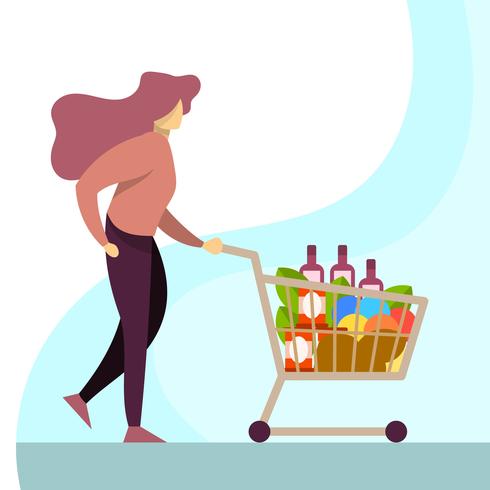Compras planas de la mujer en la tienda de comestibles con la ilustración del vector de la carretilla