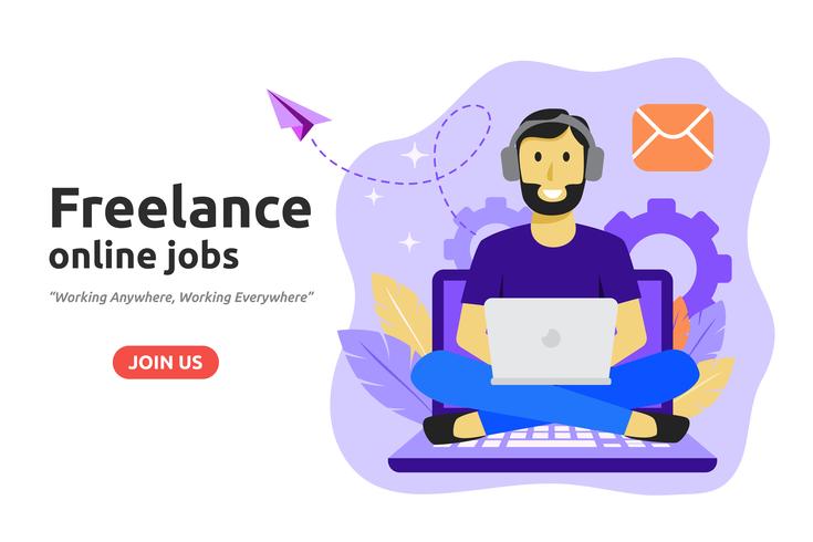 Freelance online job design concept. Freelancer develops busines vector