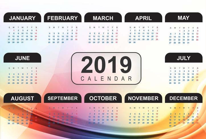 Plantilla calendario 2019 con fondo de onda vector