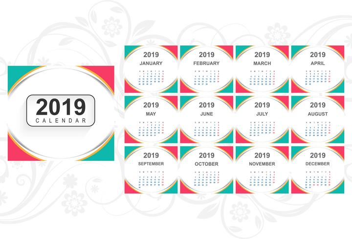 Plantilla calendario 2019 con fondo de onda vector